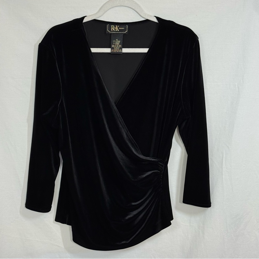 Vtg Black Velvet Faux Wrap Top 3/4 Sleeve, Ruched, Sz 16, Sexy Vampire Goth